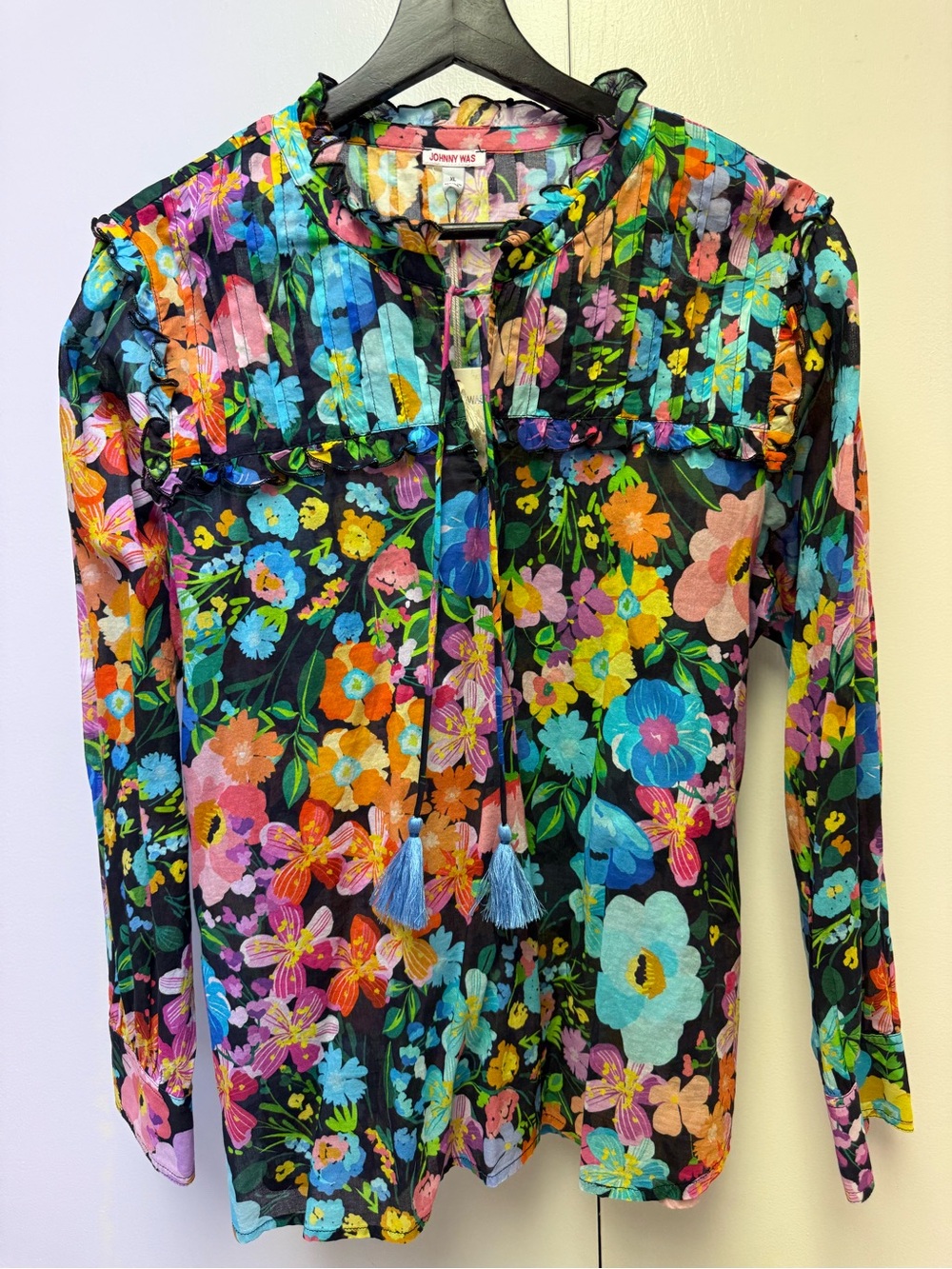 Johnny Was Black Multi Floral Tie-Front Long Sleeve Blouse size XL